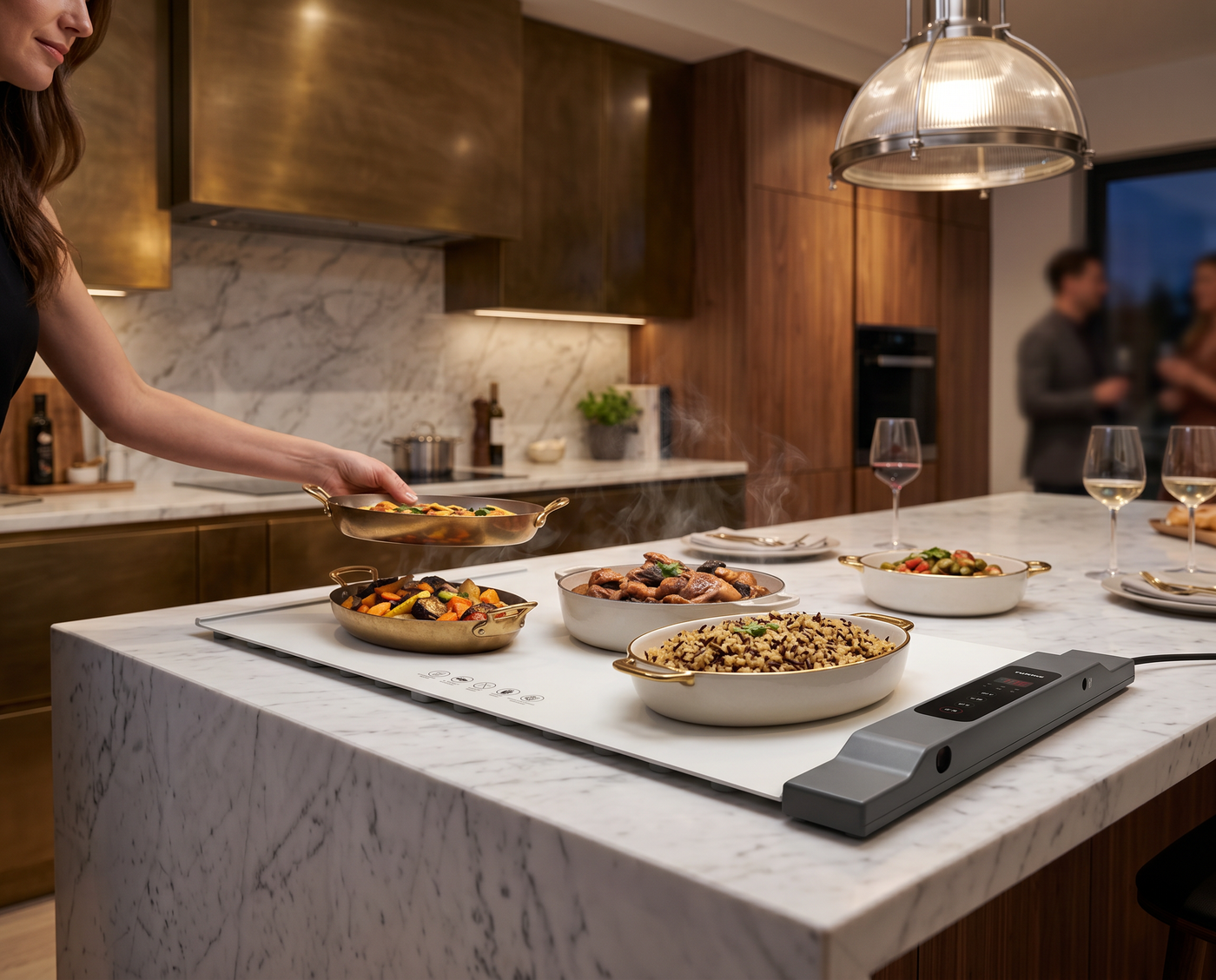 Overhead dinner party flat lay with warming mat as centrepiece